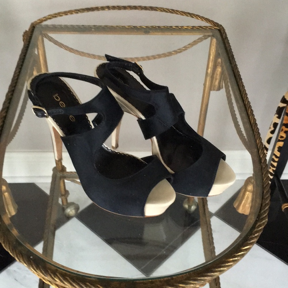 Black satin Bebe sandals with white platform